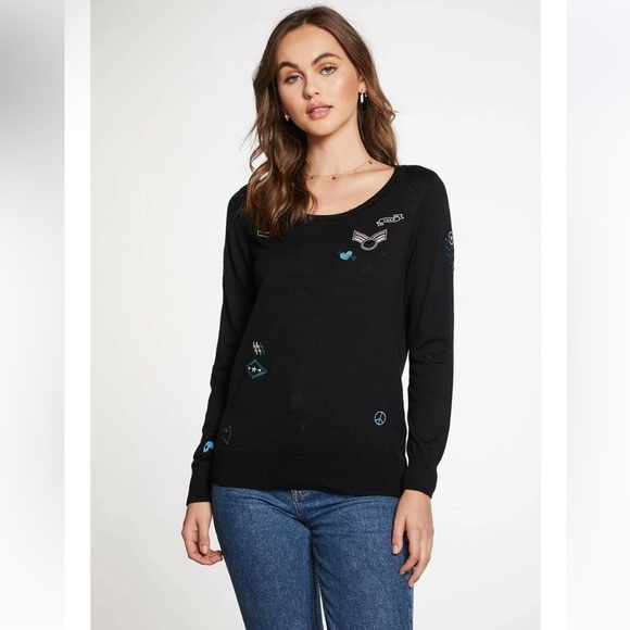NWT Chaser Love And Peace Badges Cotton/Cashmere Crewneck Sweater Pullover S - Picture 1 of 11